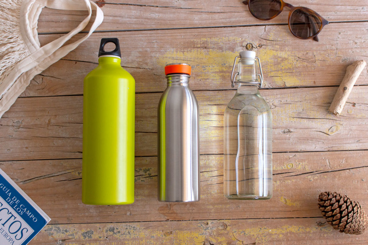 Reusable water bottle. Plastic, aluminum, glass or stainless steel