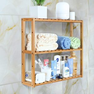 Homfa Wall-Mount Bamboo Accent Shelf with Adjustable Shelves, organization and storage items for bathroom